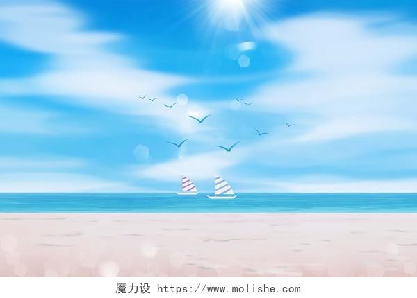 手绘唯美夏天夏季海滩天空插画海报背景夏天背景